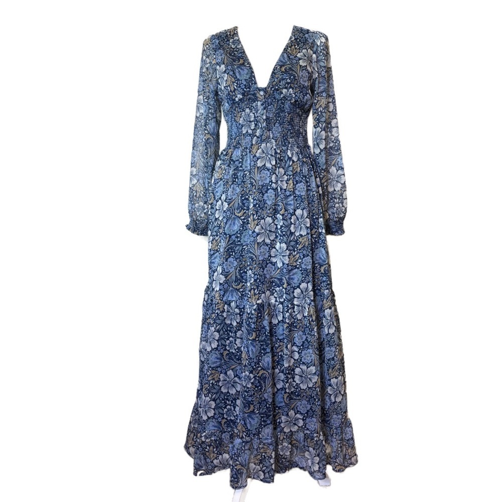 Patrons of Peace Maxi Dress Women's Small Blue Floral Long Sleeve Smocked Waist